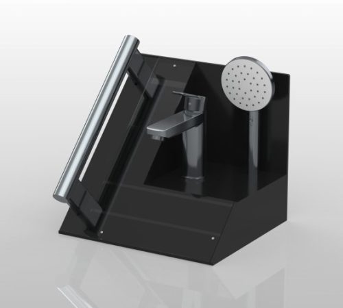 Render of a black acrylic display unit for housing tapware designs.
