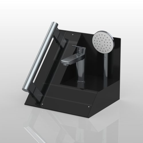 Render of a black acrylic display unit for housing tapware designs.