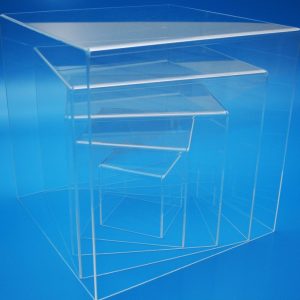 5-sided clear acrylic dispay cubes in various sizes arranged in a stack