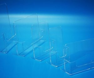 Freestanding clear acrylic brochure holder manufactured using flame polishing