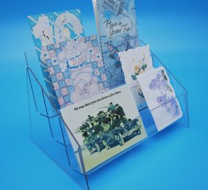 3-tier greeting card holder in transparent PET-G, full greeting cards.