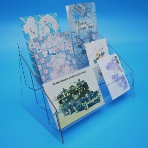 3-tier greeting card holder in transparent PET-G, full greeting cards.