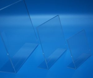 Slanted/lean back menu and leaflet holder, manufactured in clear acrylic and in landscape orientation