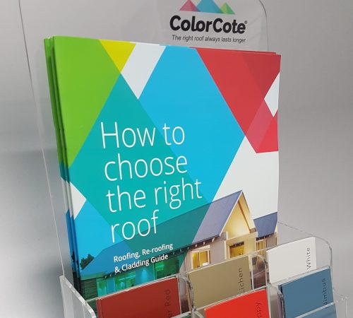 Custom clear acrylic brochure holder with individual pockets at the front to house paint samples