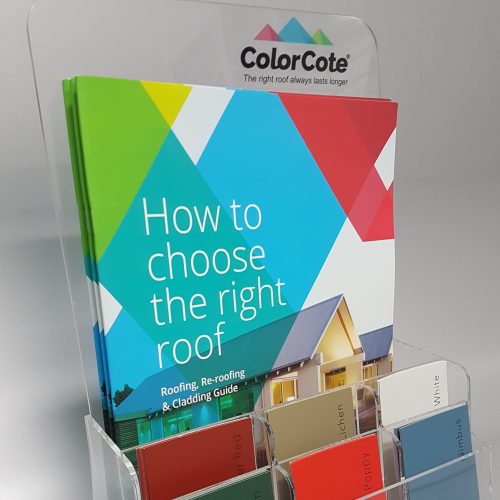 Custom clear acrylic brochure holder with individual pockets at the front to house paint samples