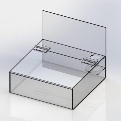 PET-G bread bin with a hinged lid for access and a u-folded panel for marketing information.