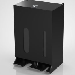 Black acrylic feminine product dispenser manufactured using solvent welding