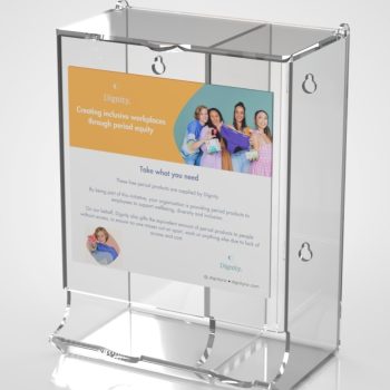 Clear acrylic wall mountable feminine product dispenser with branging on the front face.