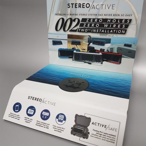 Flat pack designed product promoter with vinyl applied to individual sections