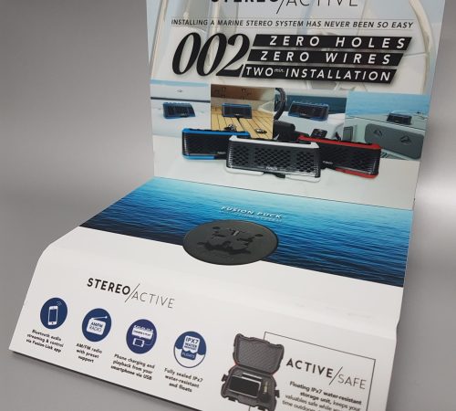 Flat pack designed product promoter with vinyl applied to individual sections
