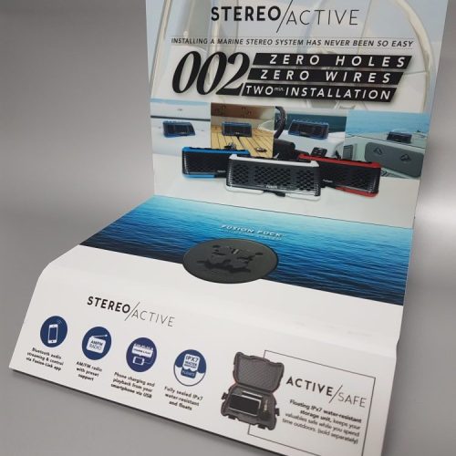 Flat pack designed product promoter with vinyl applied to individual sections